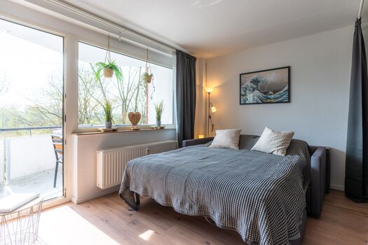 Wohnzimmer mit Schlafcouch (160 x 200cm) für 2 Personen; Smart-TV (mit Netflix-App), geschmackvoller Dekoration und Zugang zum Balkon