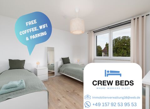 4 Single Beds/2 Rooms/1 Bathroom/Free Coffee, WiFi, Parking