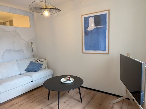 Wohnzimmer mit Schlafsofa und Smart-TV