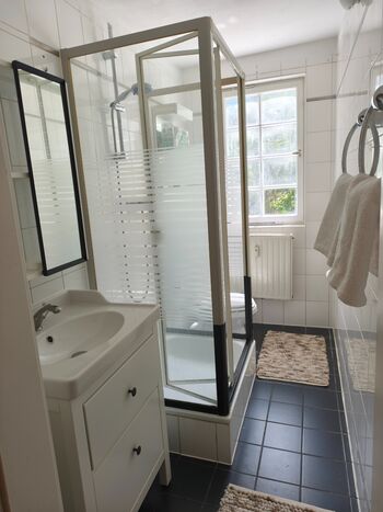 Badezimmer mit Dusche, WC und Fenster 