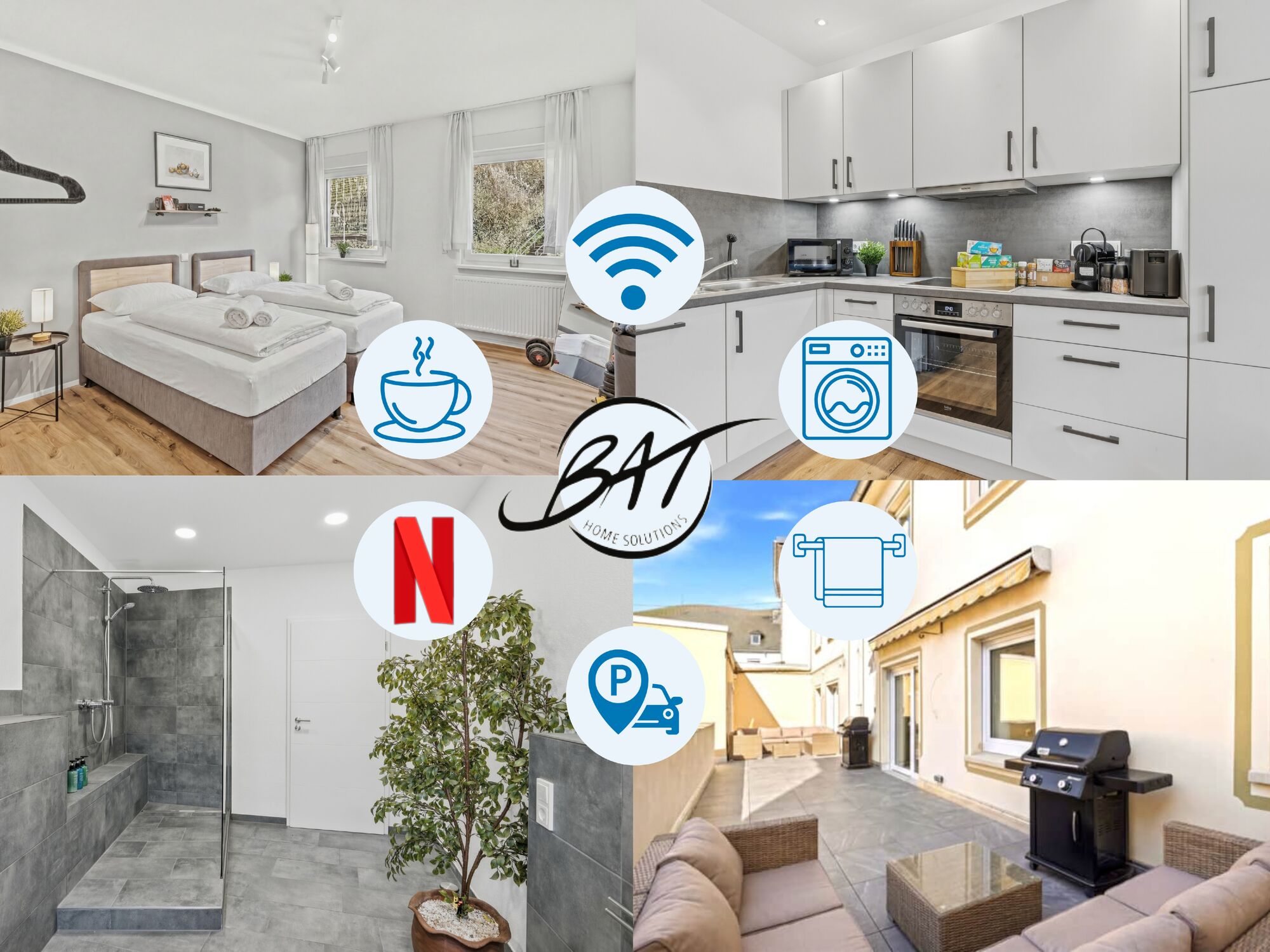 BAT Home Solutions | Saarburg | 3 Whg. | 12 PAX | Bahnhof 300m | E-Ladesäule | Heimkino