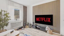 Helles Wohnzimmer mit großem Flachbildschirm, Netflix-Logo, Holzlamellenverkleidung und Zimmerpflanz
