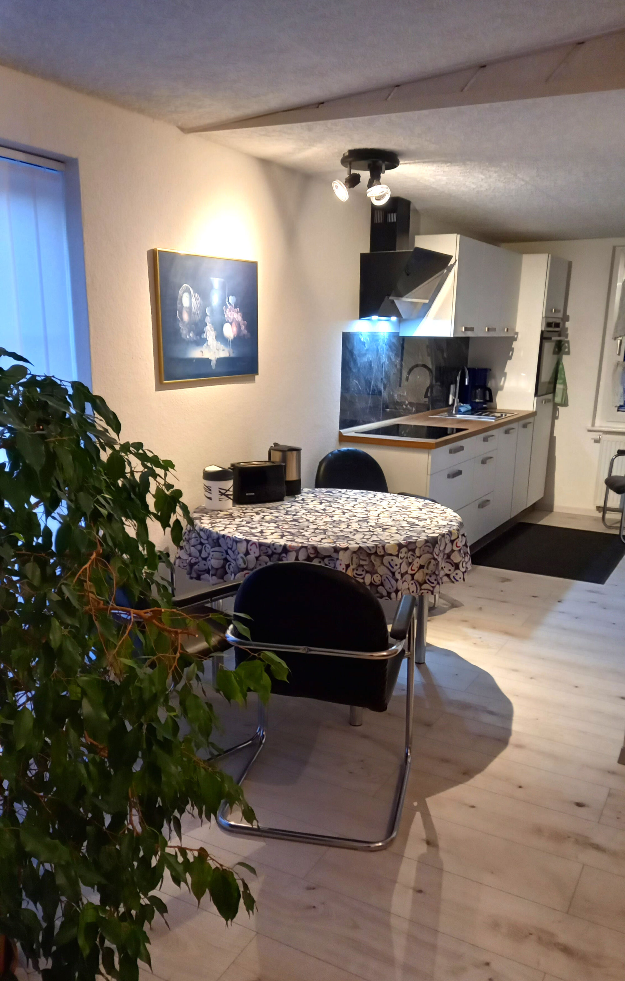 Ausblick vom Schlafraum zur Küche, Wohnbereich ist rechts mit Couch.